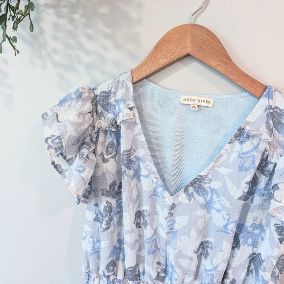 Moon River Floral Blue Ruffle Dress Size M - Picture 2 of 7